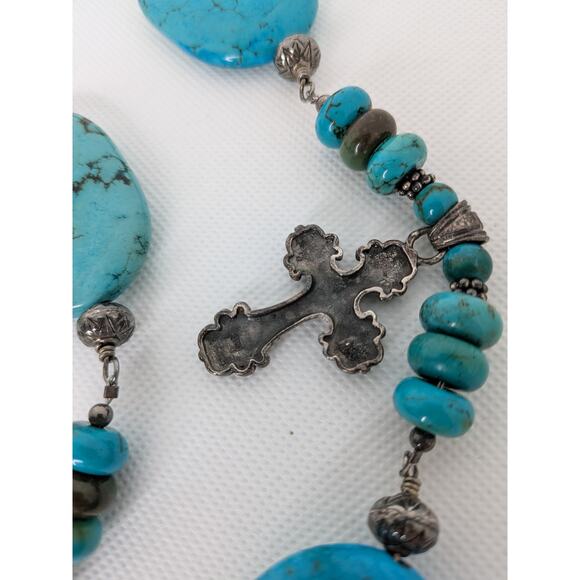 Large Oval Turquoise and Sterling Silver Cross Hook Belt Adjustable 48" Blue - Picture 9 of 12